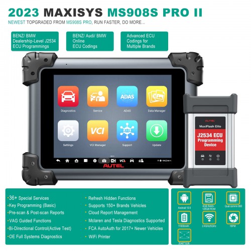 Autel MaxiSys MS908S Pro II Diagnostic Scan Tool ECU Programming Coding Active Tests Full Systems FCA Autoauth