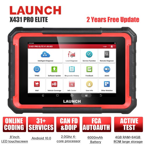 [EU Version]LAUNCH X431 PRO ELITE 8'inch Car Diagnostic Tool OBD OBD2 Scanner All System CANFD/DOIP Active Test 32 Reset 2 Ys Free Update