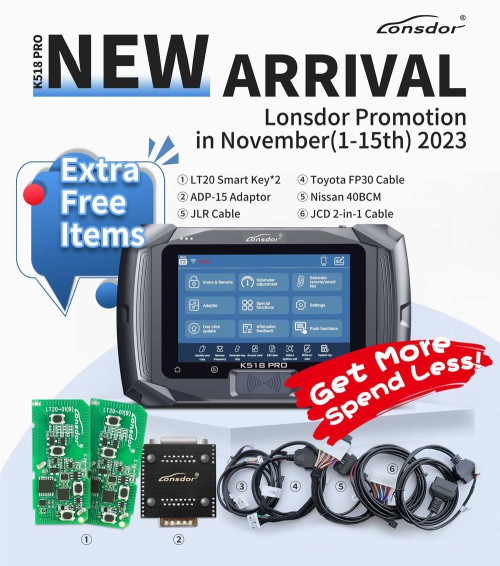 Lonsdor K518 PRO Full Configuration  Global Version All In One Key Programmer with 2pcs LT20, Toyota FP30 Cable, Nissan 40 BCM Cable, JCD