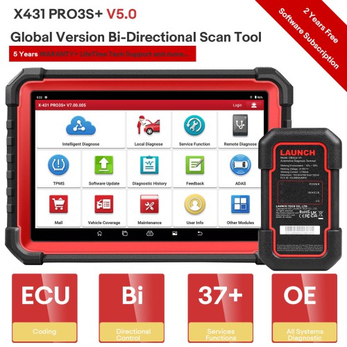 LAUNCH X431 PRO3S+ V5.0 EU&UK Version Bi-Directional Scan Tool, 31+ Reset Service, OE-Level Full System Bluetooth Diagnostic Scanner, ECU Coding
