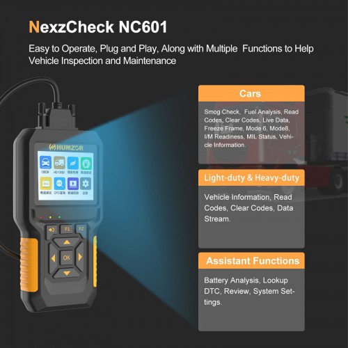 HUMZOR NexzCheck NC601 I/M Readiness, MIL Status Analysis, Smog Check, Fuel Analysis, Battery Analysis, Live Data, Freeze Data