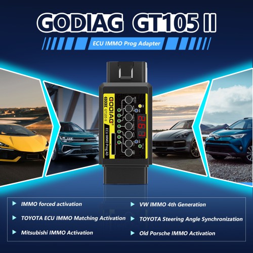 GODIAG GT105 II ECU IMMO Prog AD OBD2 Break Out Box ECU Connector Display Vehicle Voltage Car Battery Voltage Lower Than 11V Alarm Prompt