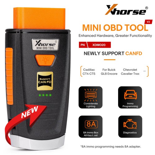 Xhorse Mini OBD Tool V2 XDMO20 Newly Supports CANFD Protocol / LED light / 8A IMMO Box All Key Lost