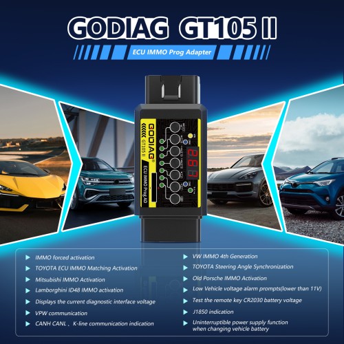 GODIAG GT105 II ECU IMMO Prog AD OBD2 Break Out Box ECU Connector Display Vehicle Voltage Car Battery Voltage Lower Than 11V Alarm Prompt