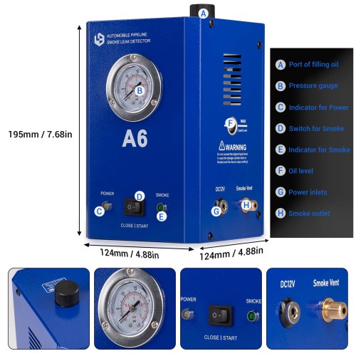 A6 Automobile Pipeline Smoke Leak Detector with Pressure Gauge Test Leak in Vehicle Pipe Systems for Cars, Motorcycles, Snowmobiles, ATV, Boats