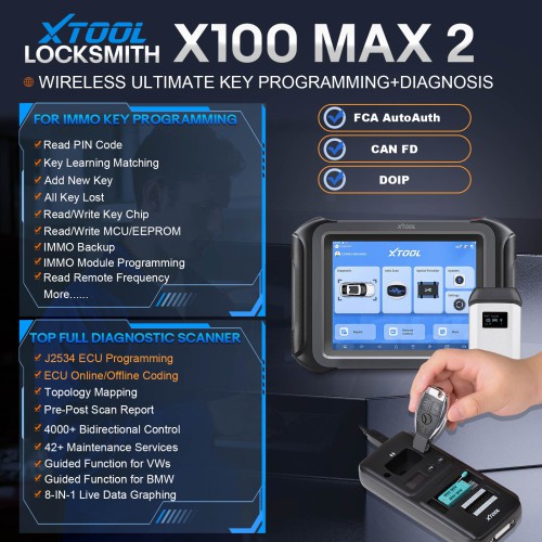 Xtool X100 MAX 2 Auto Key Programmer with J2534 VCI and KC501 Supports Online Programming 42 Service Functions Topology Update of X100 PAD3