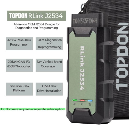 Topdon Rlink J2534 Pass-Thru VCI – OEM Diagnostics & Programming Tool for 17+ Vehicle Brands Supports D-PDU, CAN-FD, DoIP
