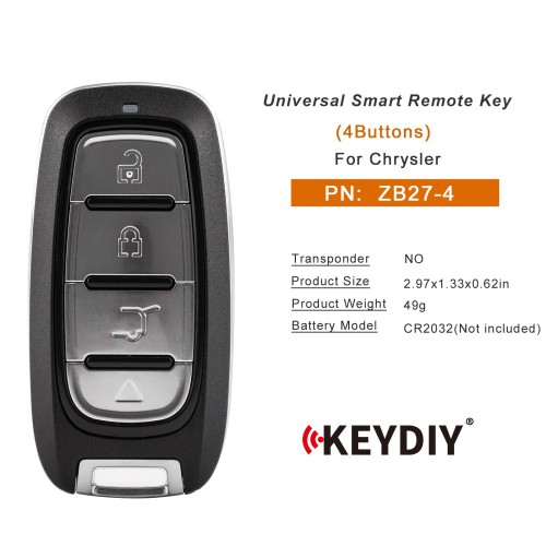 KEYDIY KD ZB27-4 Universal Smart Remote Key 4 Buttons for Chrysler Type 5pcs