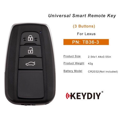 KEYDIY KD TB36-3  for Toyota for Lexus Universal Smart Remote Key 3 Buttons With 8A Transponder 5pcs