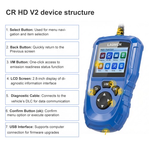 LAUNCH CR HD V2 Commercial Vehicle Standard Configuration Supports HD OBD & EOBD  Fast Fault Code Reading/Clearing, Battery Check