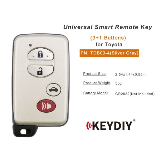 KEYDIY KD TDB03-4(Silver Gray) for Toyota Universal Smart Remote Key 3+1 Buttons With Grey Key Shell 5PCS