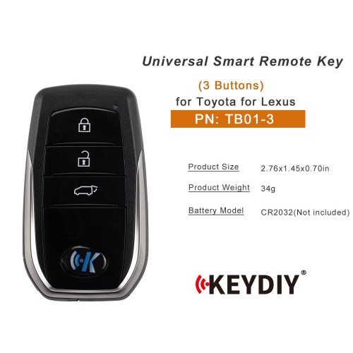 KEYDIY KD TB01-3 for Toyota for Lexus Universal Smart Remote Key 3 Buttons With 8A Transponder 5PCS