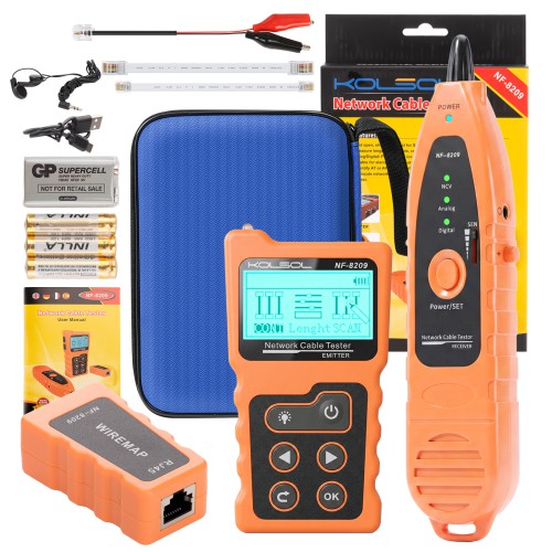 KOLSOL NF-8209 LCD Display Measure Length Lan Cable POE Wire Checker Cat5 Cat6 Lan Test Network Tool Scan Cable Wiremap Tester