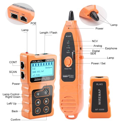 KOLSOL NF-8209 LCD Display Measure Length Lan Cable POE Wire Checker Cat5 Cat6 Lan Test Network Tool Scan Cable Wiremap Tester