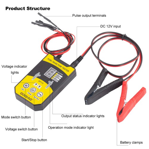 GODIAG GT113 Universal Fuel Injector Tester Fuel Injector Cleaner Kit with 6 Sizes of Adapters 8 Pulse Modes for Cars, Motorcycle