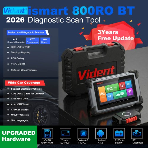 VIDENT iSmart800Pro BT Bluetooth Version Automotive Scan Tool, OBD2 Scanner, Supports Full System Diagnostics, Bi-Directional Test, 40+ Reset Services
