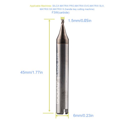 GODIAG F3W 1.5MM End Milling Cutter φ1.5xD6x45Lx3F for SILCA MATRIX PRO, MATRIX EVO, MATRIX SLX, MATRIX SX, MATRIX S 5PCS