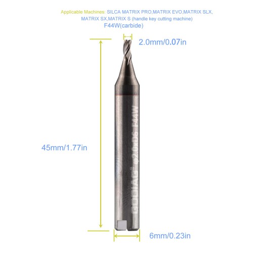 GODIAG F44W 2.0MM End Milling Cutter φ2.0xD6x45Lx3F For SILCA MATRIX PRO, MATRIX EVO, MATRIX SLX, MATRIX SX, MATRIX S 5PCS