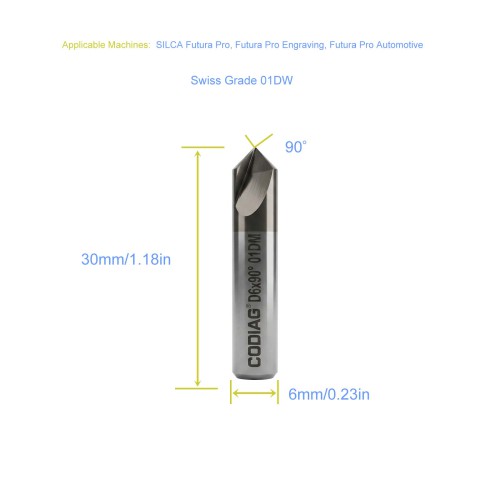 GODIAG 01DM 90° Dimple Cutter φ6x30Lx90°x2F For SILCA Futura Pro, Futura Pro Engraving, Futura Pro Automotive