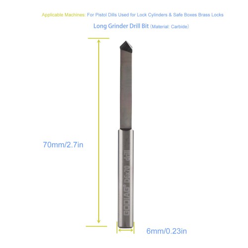 GODIAG 70MM Long Grinder Drill Bit D6x33x70 For Pistol Dills Used for Lock Cylinders & Safe Boxes Brass Locks