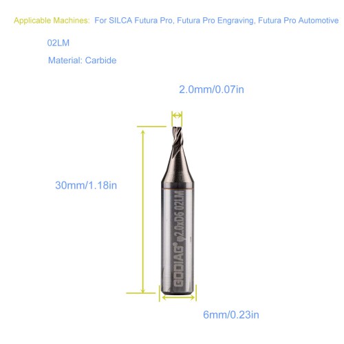 GODIAG 02LM 2MM End Milling Cutter φ2.0x3.0xD6x30x3F For SILCA Futura Pro, Futura Pro Engraving, Futura Pro Automotive