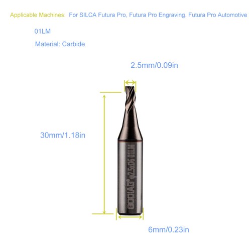 GODIAG 01LM 2.5MM End Milling Cutter φ2.5x5.5xφ6x30Lx3F For SILCA Futura Pro, Futura Pro Engraving, Futura Pro Automotive