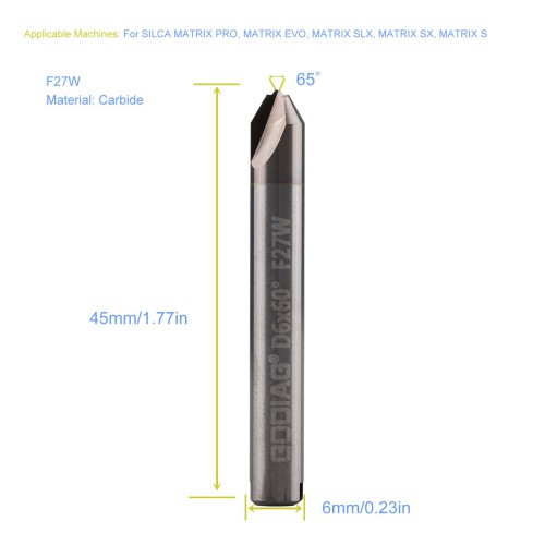GODIAG F27W Dimple Cutter φ2.8x100°xD6x40x1T For SILCA MATRIX PRO, MATRIX EVO, MATRIX SLX, MATRIX SX, MATRIX S
