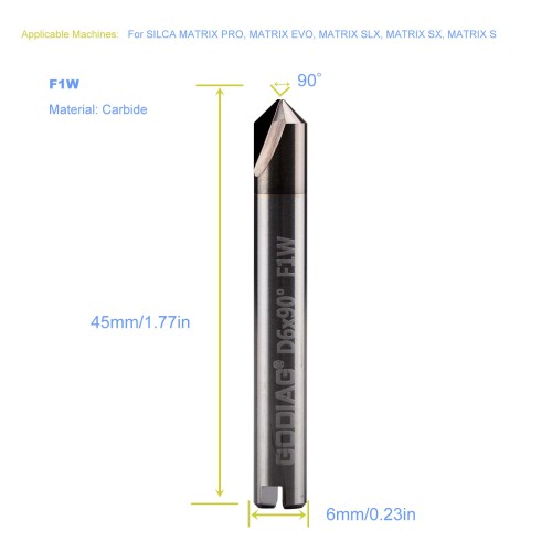 GODIAG F1W 90° Dimple Cutter φ6.0x90°x48-0.7x2T For SILCA MATRIX PRO, MATRIX EVO, MATRIX SLX, MATRIX SX, MATRIX S