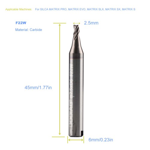 GODIAG F22W 2.5MM End Milling Cutter φ2.5xD6x45Lx3F For SILCA MATRIX PRO, MATRIX EVO, MATRIX SLX, MATRIX SX, MATRIX S