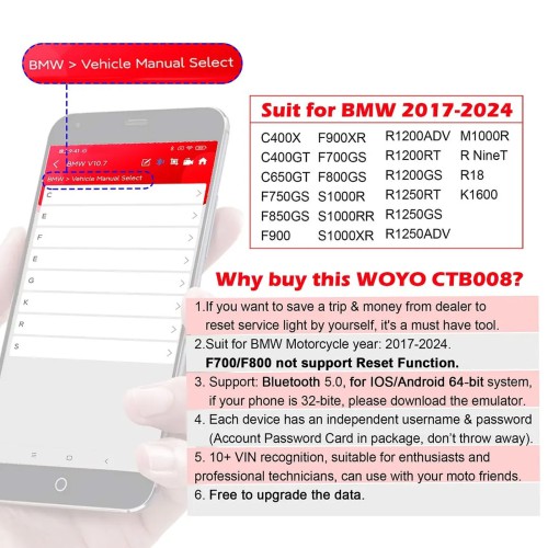 WOYO CTB008 For BMW R1200 R1250 S100 R nine T All Motorcycle Diagnostic Scanner, For Bluetooth 5.0 Android 64-bit Cellphone Tester for BMW Bike