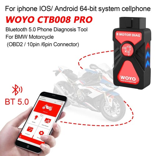 WOYO CTB008PRO For BMW R1200 R1250 S100 R nine T All Motorcycle Diagnostic Scanner, For Bluetooth 5.0 IOS/Android 64-bit Cellphone Tester for BMW Bike