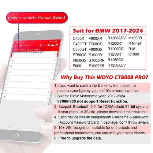 WOYO CTB008PRO For BMW R1200 R1250 S100 R nine T All Motorcycle Diagnostic Scanner, For Bluetooth 5.0 IOS/Android 64-bit Cellphone Tester for BMW Bike