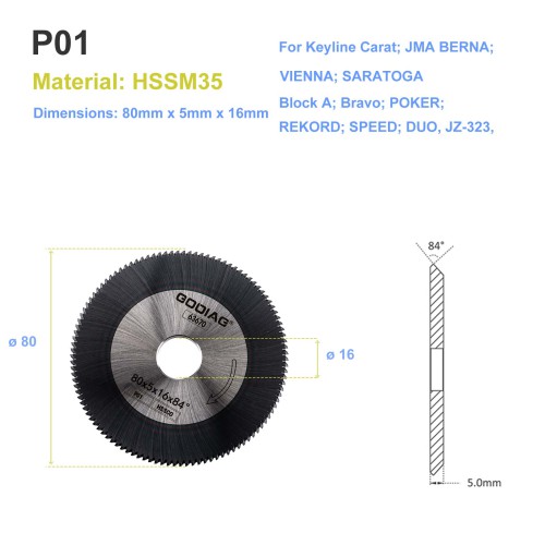 GODIAG P01 Angle Milling cutter φ80x5xφ16x84° For Keyline Carat; JMA BERNA; VIENNA; SARATOGA Block A; Bravo; POKER; REKORD; SPEED; DUO, JZ-323,