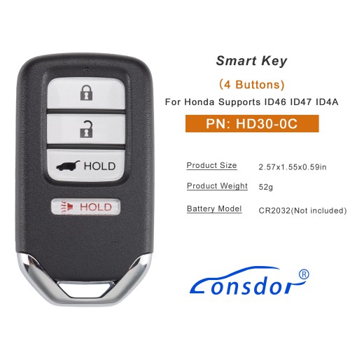 Lonsdor HD30-0C HD30 Smart Key 4 Buttons for Honda Supports ID46 ID47 ID4A