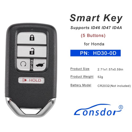 Lonsdor HD30-0D HD30 Smart Key 5 Buttons for Honda Supports ID46 ID47 ID4A