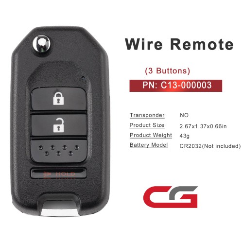 CGDI C13-000003 HON.D Style(Flip-2+1BTN) 3 Buttons Wire Remote Used with CGDI K2 Remote Key Programmer 5PCS