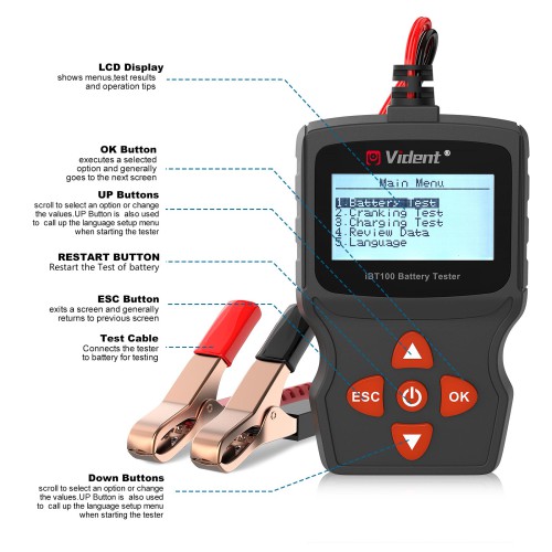 Vident iBT100 12V Battery Analyzer for Flooded, AGM,GEL 100-2000CCA Automotive Tester Diagnostic Tool
