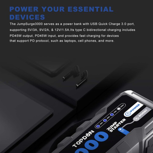 TOPDON V3000 Battery Jump Starter, 3000 Peak Amp, Power Bank & Flashlight