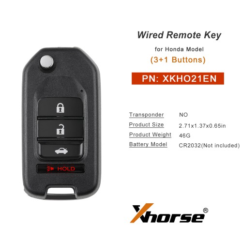 XHORSE XKHO21EN for Honda Model (Folding - 3+1 Buttons) Second Generation Wired Remote Key 5pcs/lot
