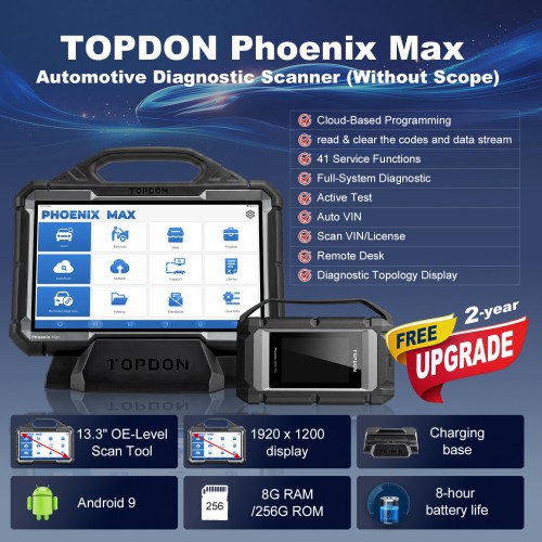 TOPDON Phoenix Max Automotive Diagnostic Scanner (Without Scope) 13.3" OE-Level Scan Tool, Docking Station, Cloud-Based Programming