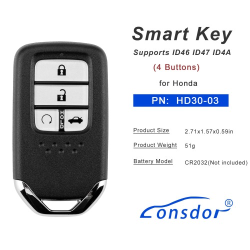 Lonsdor HD30-03 HD30 Smart Key 4 Buttons for Honda Supports ID46 ID47 ID4A