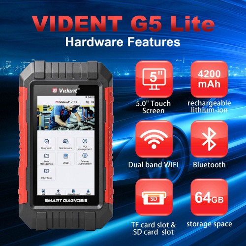 VIDENT G5 Lite Supports 5 Special Functions, Oil Light/Service Reset, EPB, Battery Configuration, Injector Coding, AF, Bluetooth & WIFI