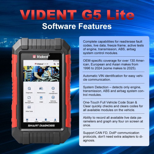 VIDENT G5 Lite Supports 5 Special Functions, Oil Light/Service Reset, EPB, Battery Configuration, Injector Coding, AF, Bluetooth & WIFI