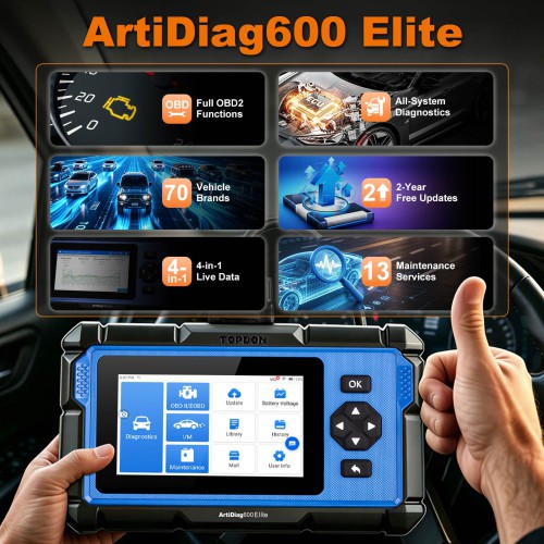 TOPDON ArtiDiag600 Elite Supports Full OBD2 Functions, All-System Diagnostics, CAN-FD, for Renault SGW, for FCA SGW, with 2-Year Free Updates