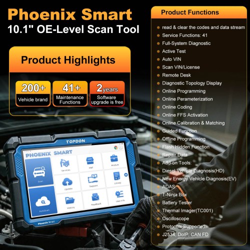 TOPDON Phoenix Smart OBD2 Diagnostic Scanner 10.1" – OE-Level, ECU Coding, Cloud Programming, J2534/DoIP/CAN FD, 41 Service Functions