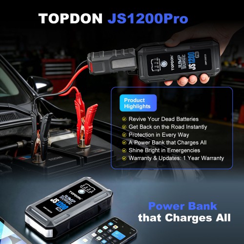 TOPDON JumpSurge JS1200Pro 1800 Peak Amp Battery Jumpstarter, Power Bank & Flashlight