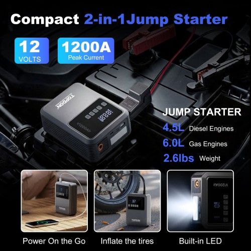 TOPDON V1200AIR 2-in-1 1200 Peak Amp Jump Starter & Tire Inflator