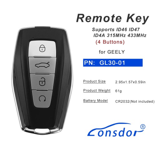 LONSDOR GL30-01 Remote Key 4 Buttons Supports ID46 ID47 ID4A 315MHz 433MHz for GEELY