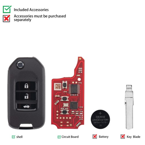 XHORSE XNHO20EN C081-13 for Honda Second Generation Wireless Smart Key 3 Buttons 5PCS