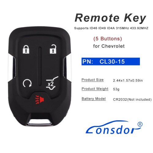 LONSDOR CL30-15 Remote Key 5 Buttons Supports ID46 ID49 ID4A 315MHz 433.92MHZ for Chevrolet